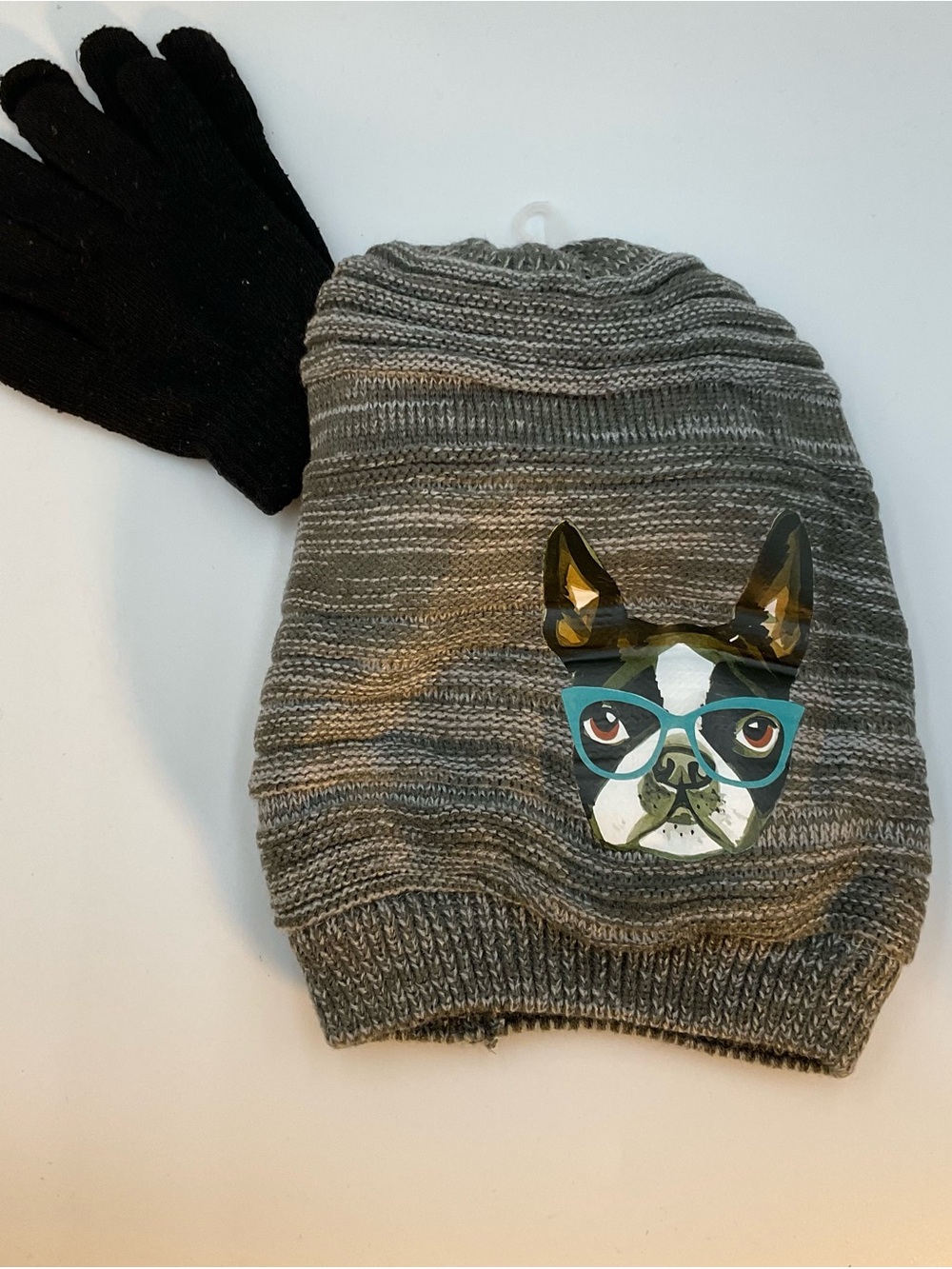 Gray Knit Beanie with Dog Graphic and Black Gloves - Unbranded